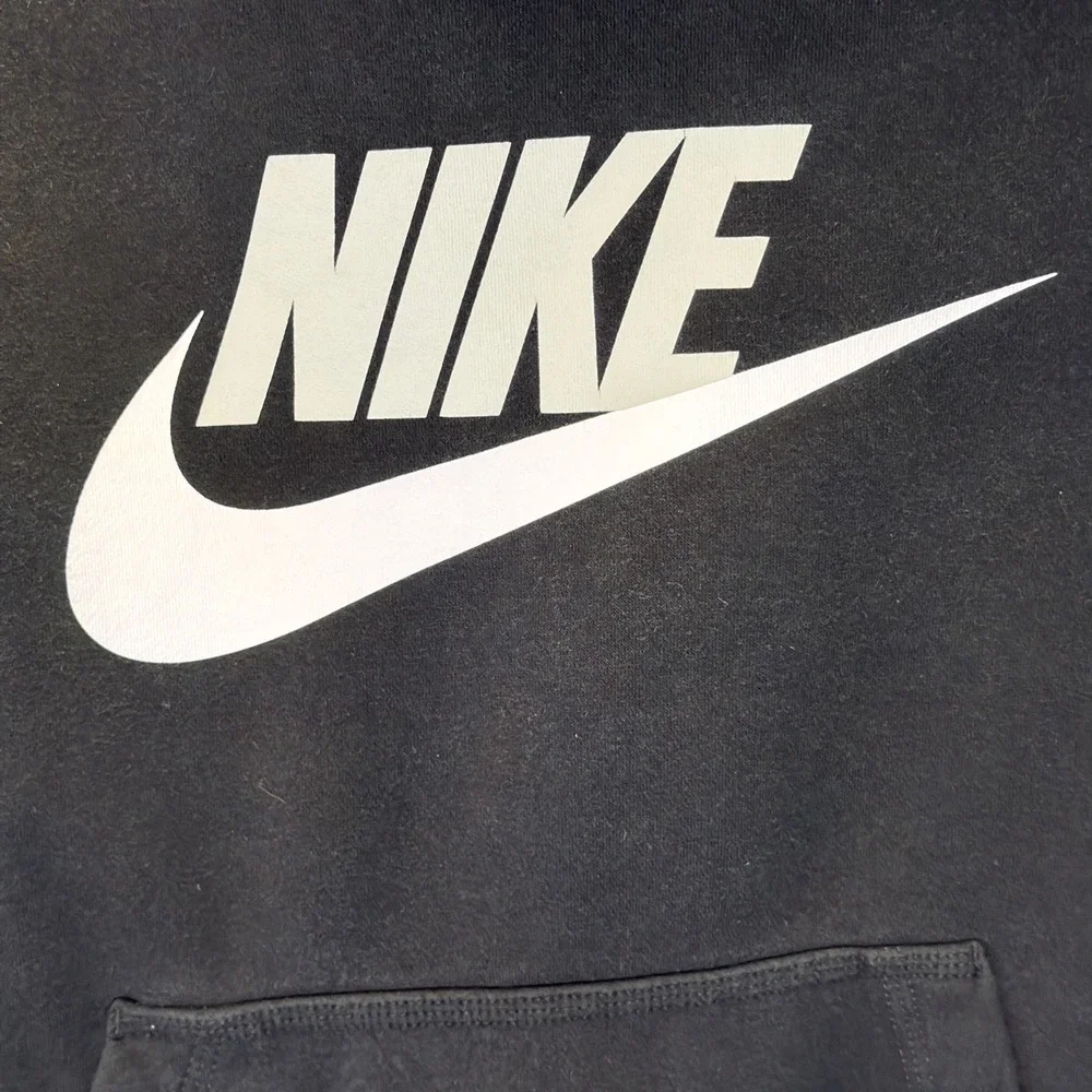 Nike Hoodie Youth M Black With White Swoosh Grey Logo Kids Pullover Sweatshirt